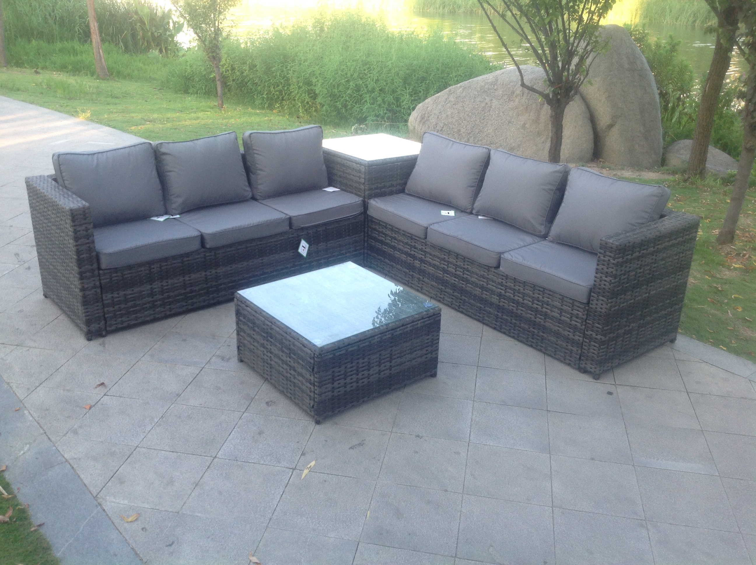 Fimous 6 Seater Grey Rattan Corner Sofa Set 2 Tables Garden Furniture Outdoor